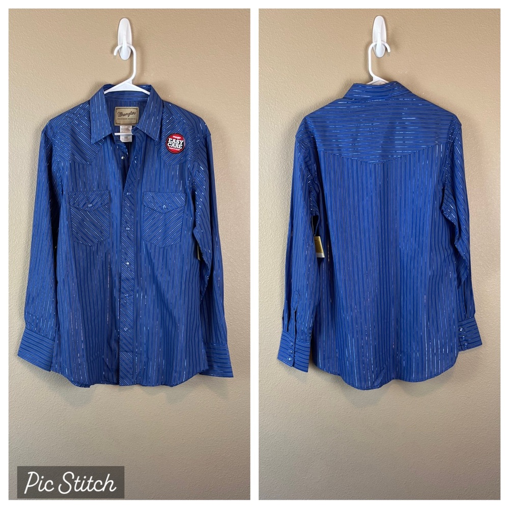 wrangler blue shimmer striped pearl snap shirt - Picture 5 of 12